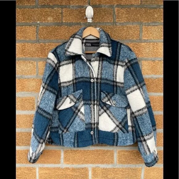 ZARA CROPPED PLAID OVER SHIRT BLUE/WHITE SMALL - Picture 1 of 9
